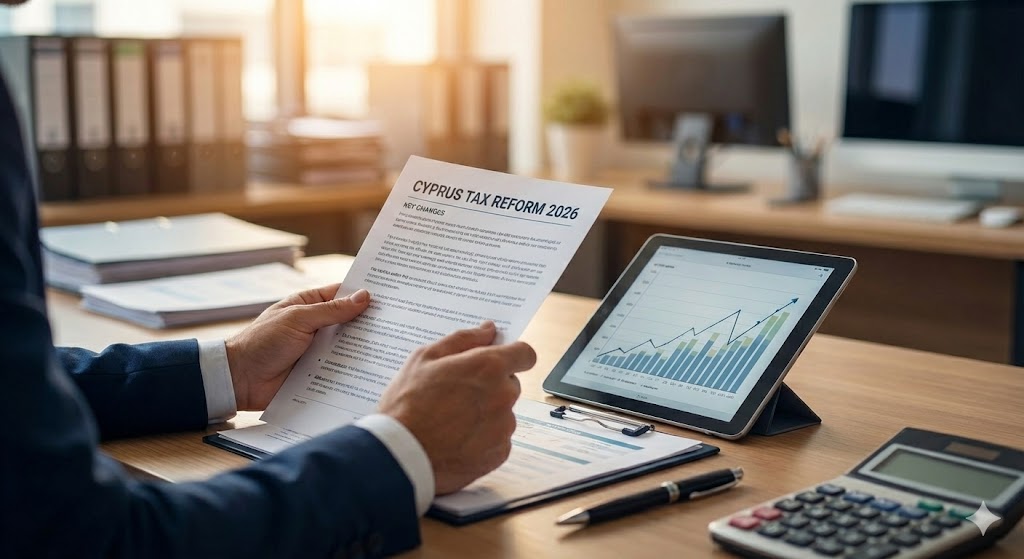 A business professional in a modern office reviewing a document titled 'Cyprus Tax Reform 2026' alongside a tablet displaying financial data.