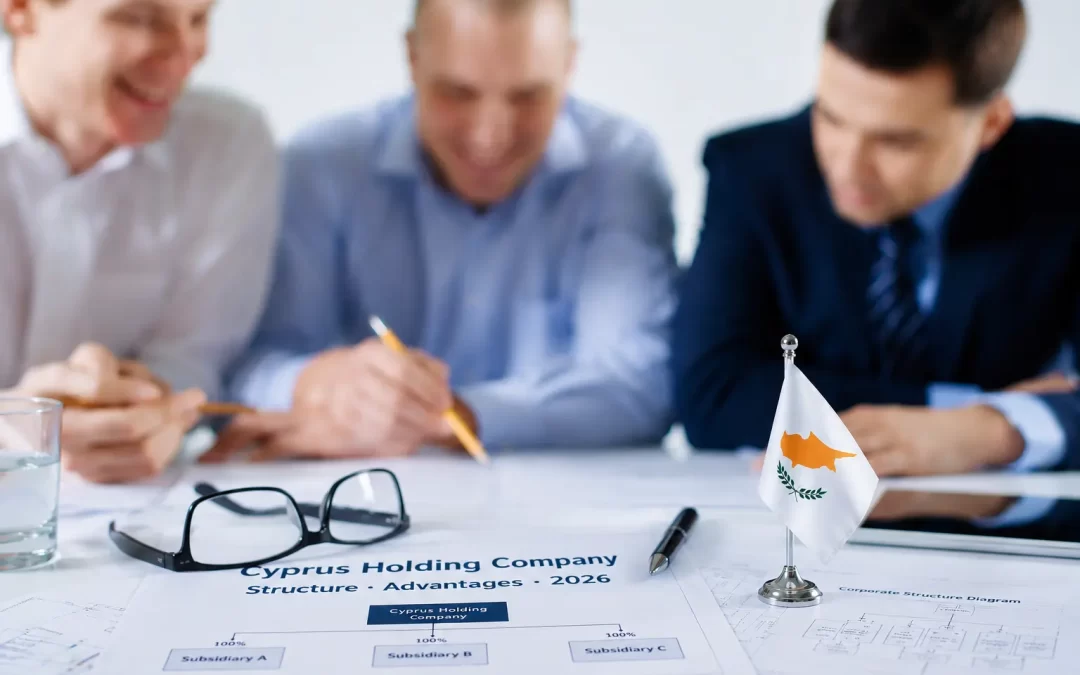 Business professionals reviewing corporate structuring documents at a meeting table, representing Auditnet's Cyprus holding company services in 2026.