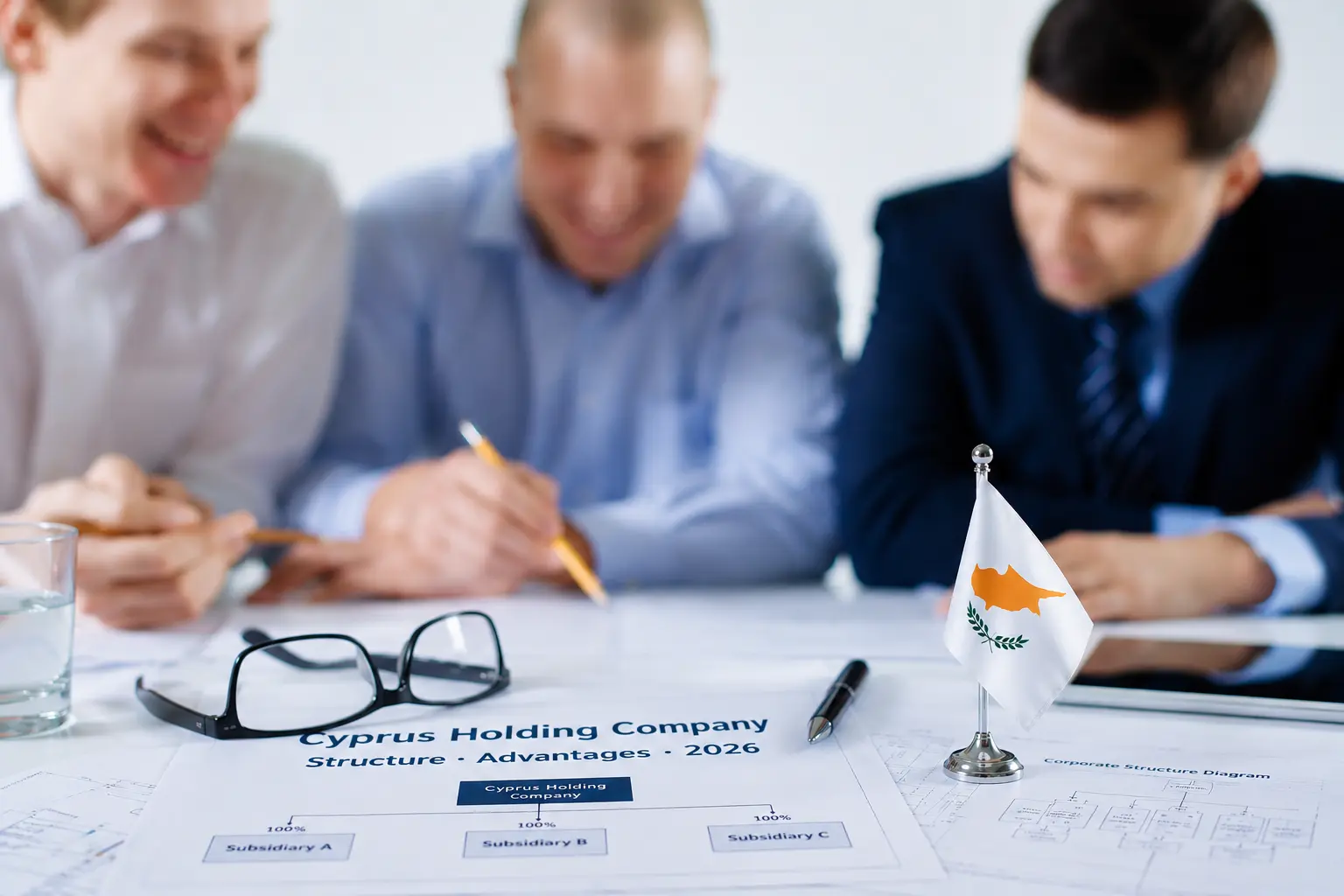 Business professionals reviewing corporate structuring documents at a meeting table, representing Auditnet's Cyprus holding company services in 2026.